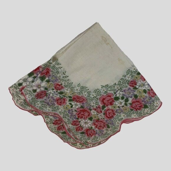 Vintage Floral Print Handkerchief Scalloped Edges Victorian Hanky Scarf Flowers - Picture 1 of 4